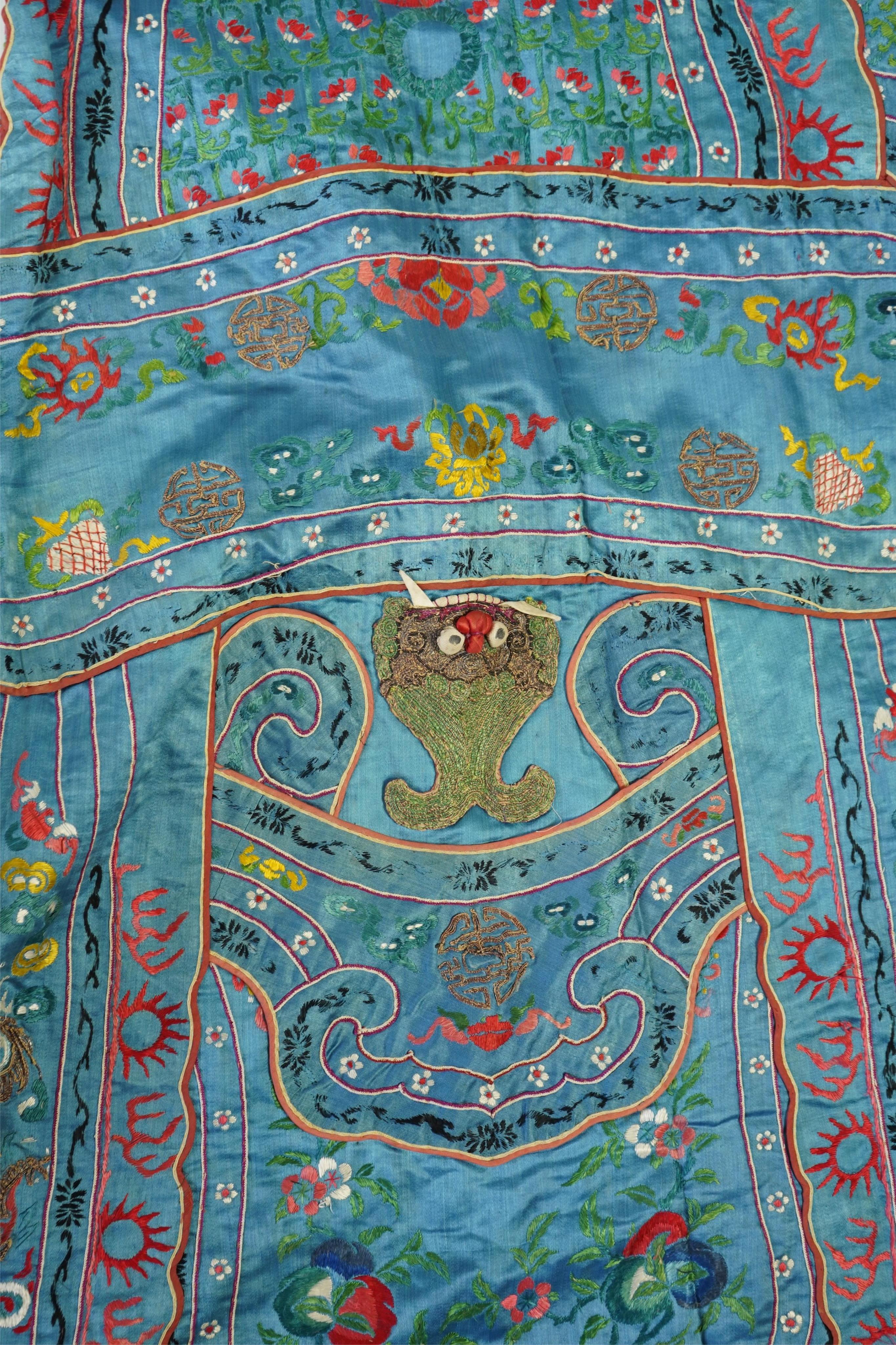 An unusual late 19th early 20th century Chinese silk embroidered robe, made for the tiger role, Jing, who symbolises power, bravery, protection and royalty. A character often used in Chinese opera, theatre and performing